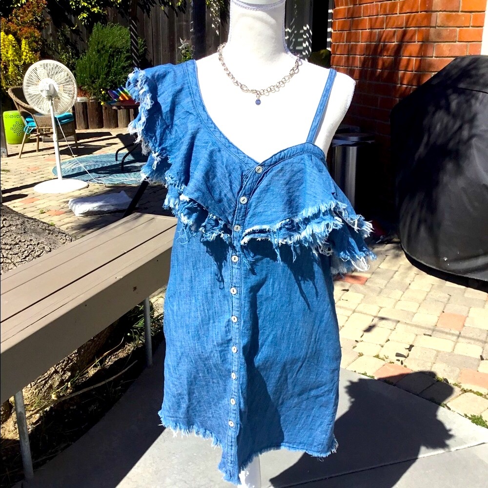 Cute Sexy Denim Dress by Blank NYC. 🥰💕 Raw edge ruffle. Off 1 shoulder.